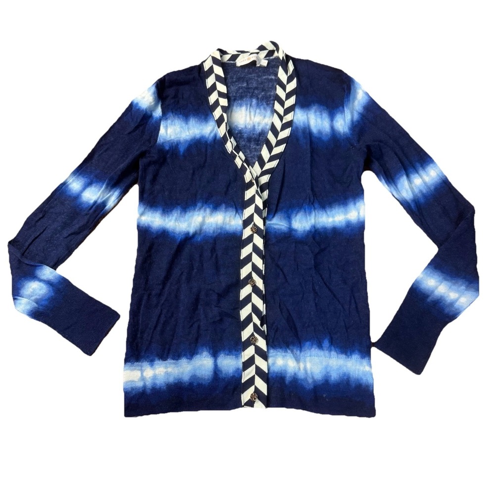Tory Burch Blue Cardigan Sweater Navy Small Nautical Tie Dye‎ *flaws